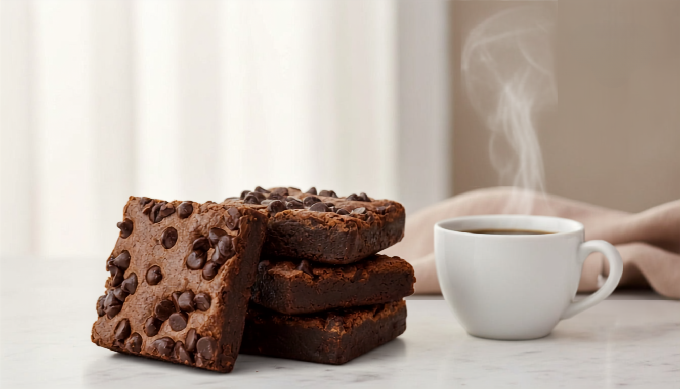 Little Miss Moffitt Brownie Points, fudgy gourmet brownies topped with chocolate chips, served with coffee