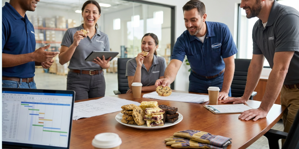 A corporate team gathered around a table with Little Miss Moffitt artisan cookies, representing employee appreciation and client gifting from a Philadelphia-area cookie brand