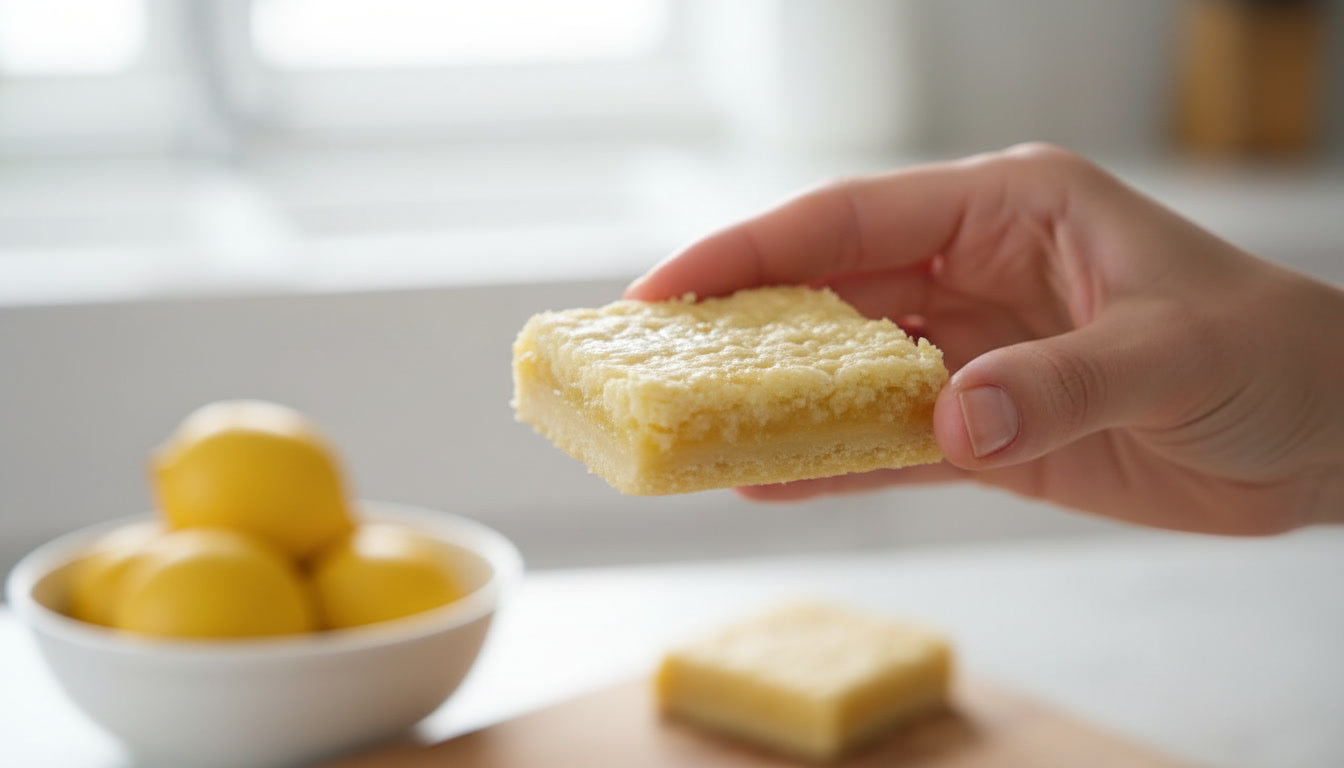A hand holding a thick square Princess Cari's lemon bar in a bright kitchen with a bowl of fresh lemons, from Little Miss Moffitt in Philadelphia