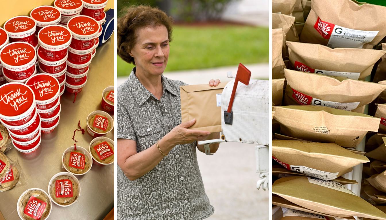 Little Miss Moffitt Hugs Disguised as Cookies with thank you lids, a woman receiving a padded mailer at her mailbox, and packed cookie gift orders ready to ship nationwide from the Philadelphia area